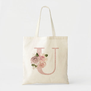 Tote Bag Girly Rose Pâle Or Pailleté Floral Monogramme U