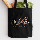 Tote Bag Girly Saffron Orange Elégant Nom de script Monogra<br><div class="desc">Personnalisez votre beau Sac fourre-tout d'épicerie noir monogrammé tendance! Le texte ci-dessous peut être personnalisé à votre phrase préférée ou même votre nom complet ; vous pouvez également le supprimer si vous le souhaitez. Si vous avez besoin d'aide, veuillez nous le faire savoir à belytaliarecipes@gmail.com, et nous serons heureux de...</div>