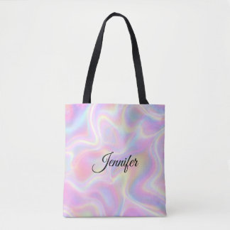 Tote Bag Girly Vibrant Pastel Holographic Swirl Design     