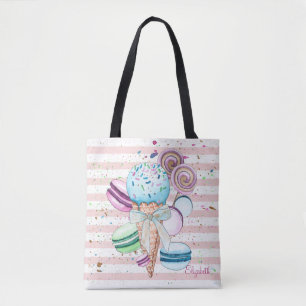 Tote Bag Glace à l'aquarelle,Macarons,Rayes roses