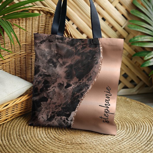 Tote Bag Glam Black Rose Gold Marble Nom métallique