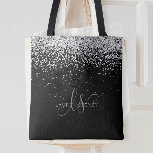 Tote Bag Glam Black Silver Parties scintillant Nom du monog