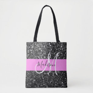 Tote Bag Glam Chic Rose Noir Paillettes Paillettes Nom Mono