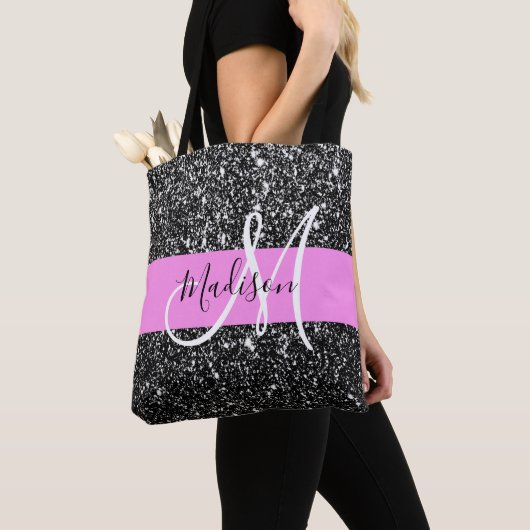 Tote Bag Glam Chic Rose Parties scintillant noire Nom étinc (De près)
