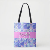 Tote Bag Glam Iridescente Blue Mermaid Scales Nom Monogramm (Devant)