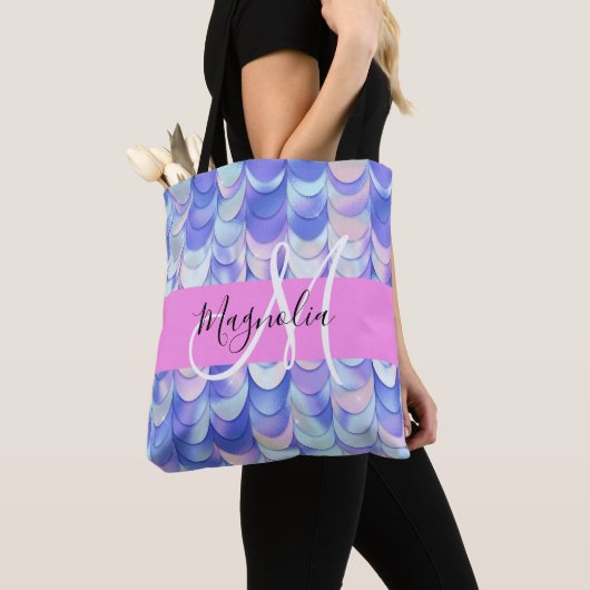 Tote Bag Glam Iridescente Blue Mermaid Scales Nom Monogramm (De près)