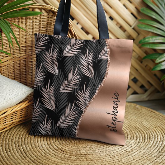 Tote Bag Glam Palm Feuille Rose or noir Nom métallique