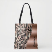 Tote Bag Glam Rose Gold Black Tiger Stripes Nom métallique (Devant)
