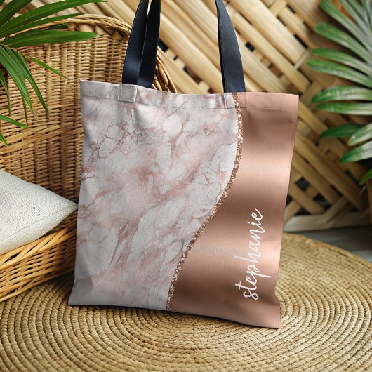 Tote Bag Glam Rose Gold Marbre blanc Nom métallique
