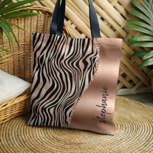 Tote Bag Glam Rose Gold Rayures de Tigre Noir Métallic Nom