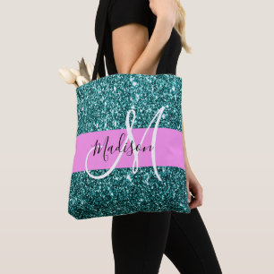 Tote Bag Glam Rose Turquoise Vert Pailleté Étincelle Monogr