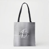 Tote Bag Glam Silver Métal brossé Noir Blanc Monogramme (Devant)