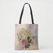 Tote Bag Glam Steampunk | Rose rose et or Rustique Floral (Devant)