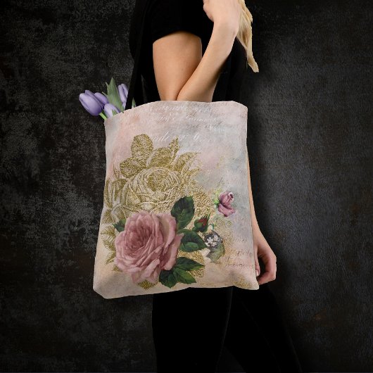 Tote Bag Glam Steampunk | Rose rose et or Rustique Floral