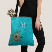 Tote Bag Glam turquoise Parties scintillant bleue avec Peac (De près)