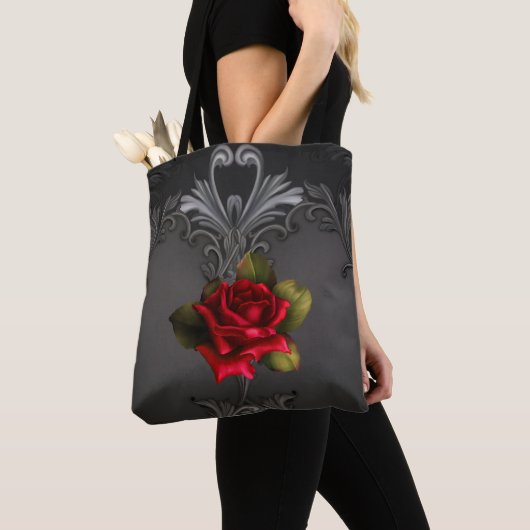 Tote Bag Glamour gothique Rouge Rose Noir Glam ornemental (De près)