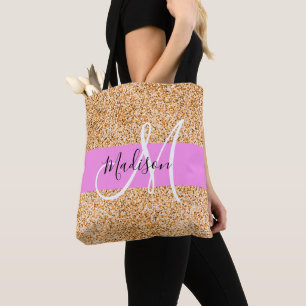 Tote Bag Glamour Rose & Cuivre Paillettes Monogramme Nom