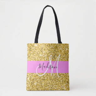 Tote Bag Glamour Rose et Or Paillettes Monogramme Nom