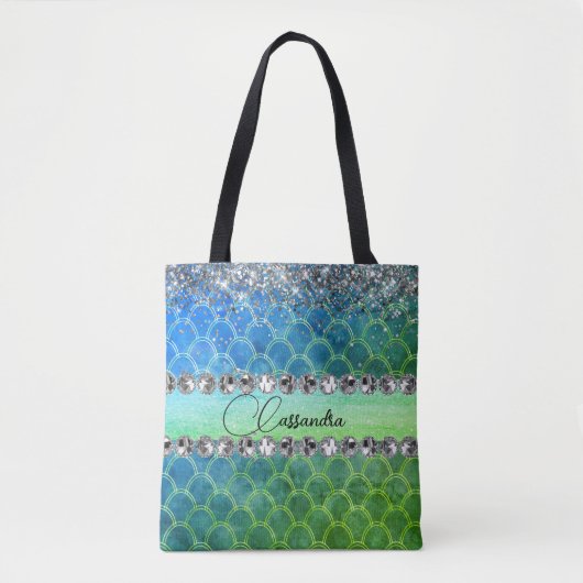 Tote Bag Glitter Blue Green Mermaid Diamant Bling (Devant)