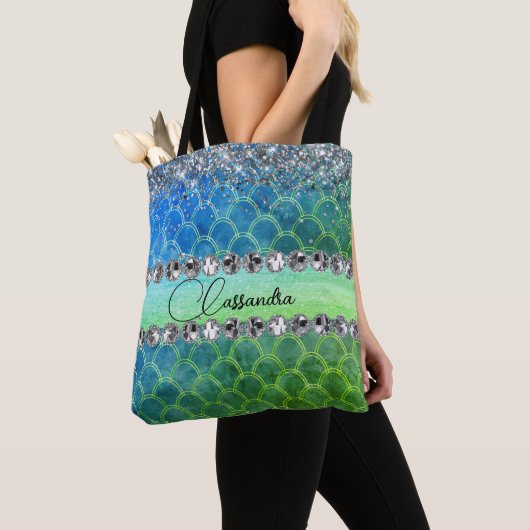 Tote Bag Glitter Blue Green Mermaid Diamant Bling (De près)