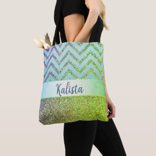 Tote Bag Glittery Green et Purple Chevron Personnalisé