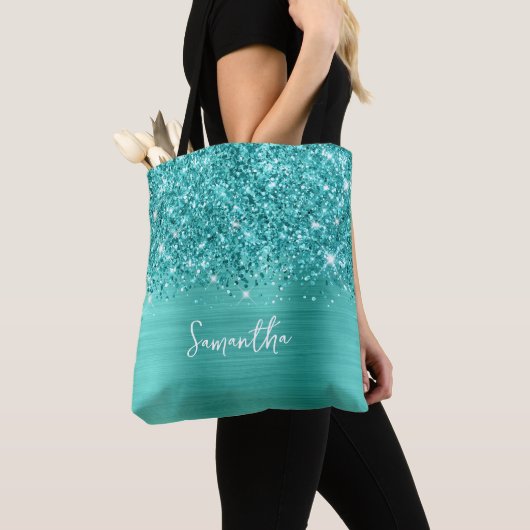 Tote Bag Glittery Turqoise Turquoise Nom (De près)