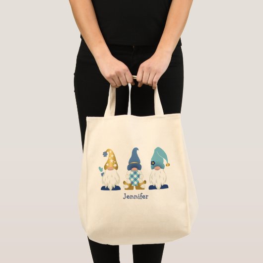 Tote Bag Gnomes Or Bleu Blanc En vichy (Devant (produit))