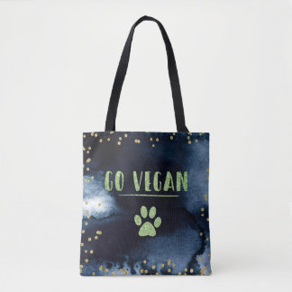 Tote Bag Go Vegan Animal Paw Aquarelle Enk Typographie Or