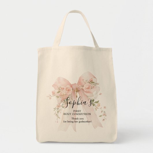 Tote Bag Godmother Gift First Communion Pink Bow Roses (Devant)