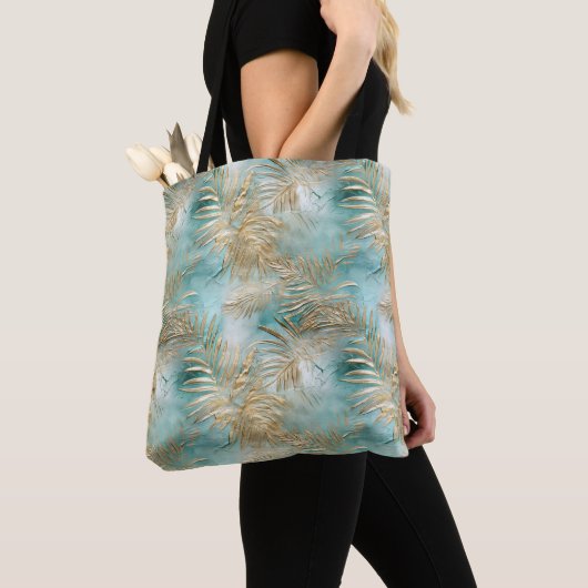 Tote Bag Gold Aqua White Feuilles tropicaux (De près)