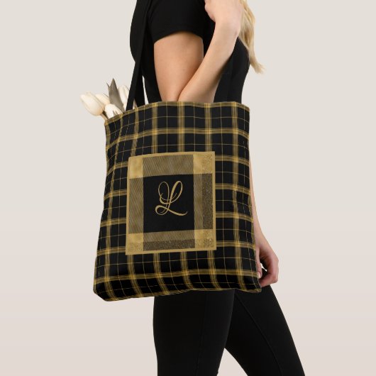 Tote Bag Gold et Black Plaid Élégant Personnalisé (De près)