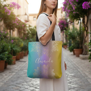 Tote Bag Gold Filigree Mandala sur Pastel Rainbow Custom