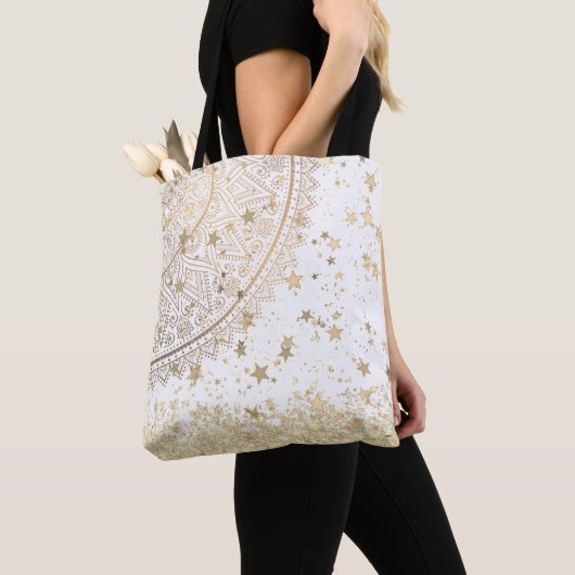 Tote Bag Gold Lotus Mandala avec Gold Stars sur Blanc (De près)