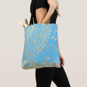 Tote Bag Gold Lotus Mandala avec Gold Stars sur Turquoise