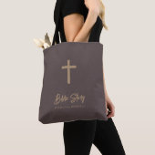 Tote Bag Gold Script Cocoa Brown Leather Look Bible Study (De près)