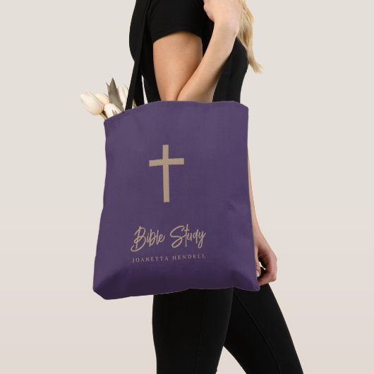 Tote Bag Gold Script Purple Personalized Bible Study (De près)