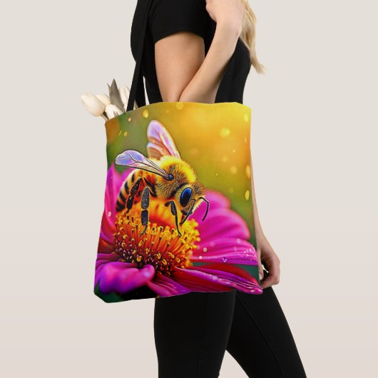 Tote Bag Golden Bee Flower Magic Design (De près)