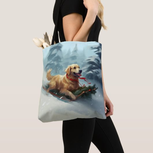 Tote Bag Golden Retriers Noël neige hiver (De près)
