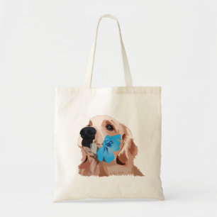 Tote Bag Golden Retriever avec une fleur bleue
