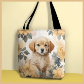 Tote Bag Golden Retriever Chiot Fleurs Jaunes