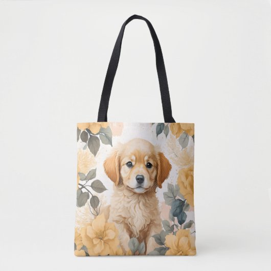 Tote Bag Golden Retriever Chiot Fleurs Jaunes (Devant)