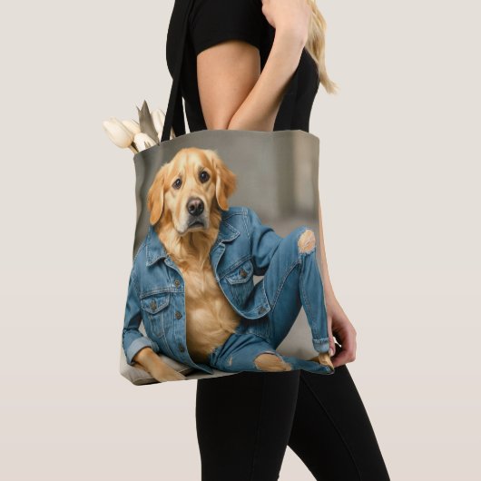 Tote Bag Golden Retriever Poster En Jeans Bleus (De près)