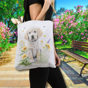 Tote Bag Golden Retriever Puppy Flores Monogramme Nom
