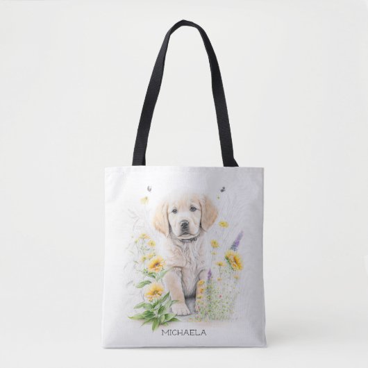Tote Bag Golden Retriever Puppy Flores Monogramme Nom (Devant)