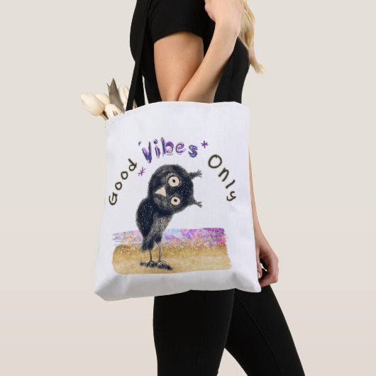 Tote Bag Good Vibes seulement avec Chouette curieuse (De près)