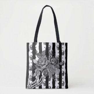 Tote Bag Gothique Étrange Monochrome Rayé Crânes et Roses