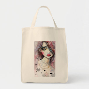 Tote Bag Gothique Imaginaire Art Girl avec les coeurs