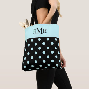 Tote Bag Gouttes de pluie Bleu pois sur Monogramme noir