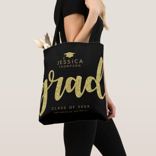 Tote Bag Grad Black & Faux Gold Parties scintillant Simple  (De près)