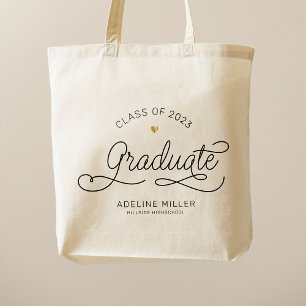 Tote Bag Graduate Modern Script Gold Heart Nom de la gradua